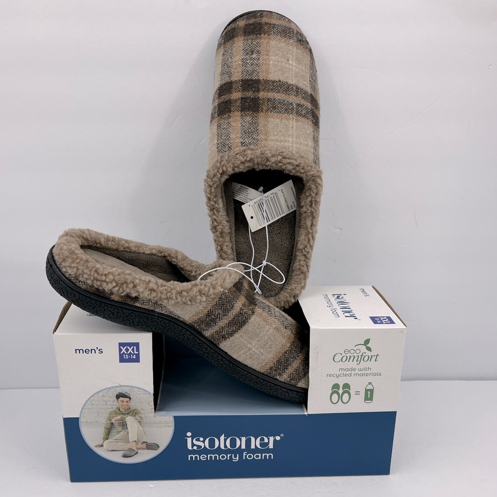 ISOTONER, MEMORY FOAM“DARK CHOCOLATE “ ECO COMFORT SLIPPERS,FITS SIZES 13-14 XXL